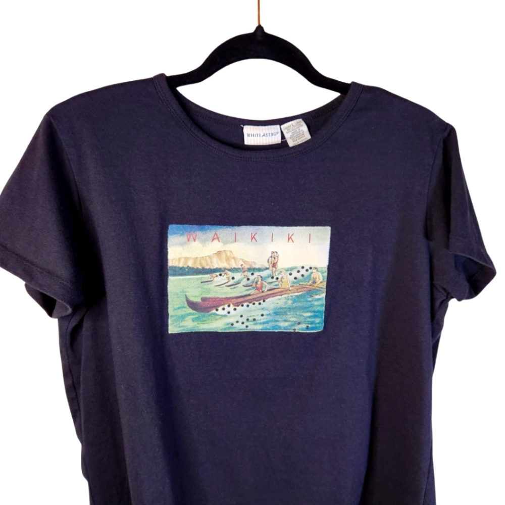 Waikiki Graphic T Shirt Sz L Black Surfing Hawaii Beach Travel